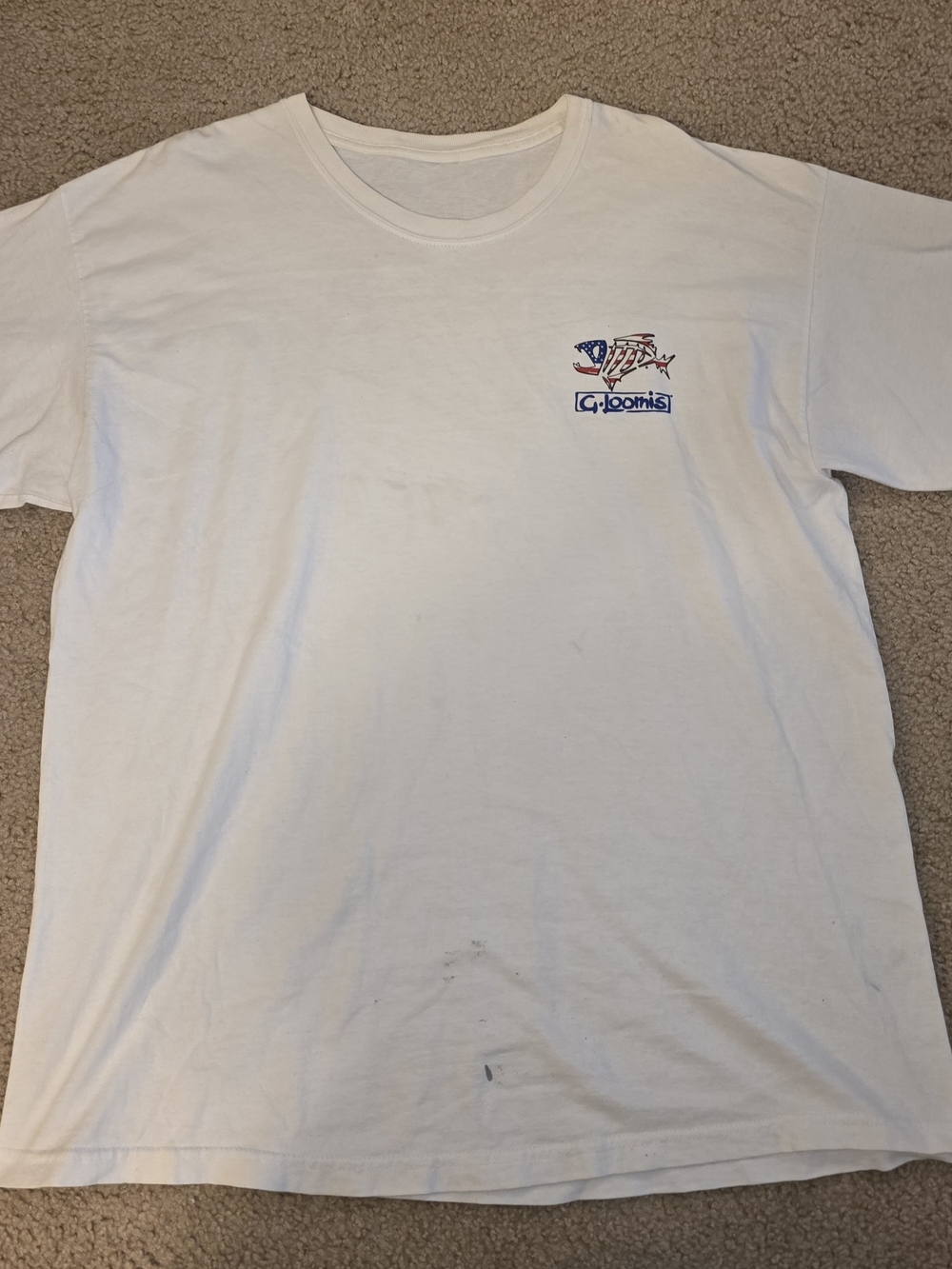 G Loomis Fishing T-Shirt XL White USA Flag Bass Logo Tee Small Paint Stain